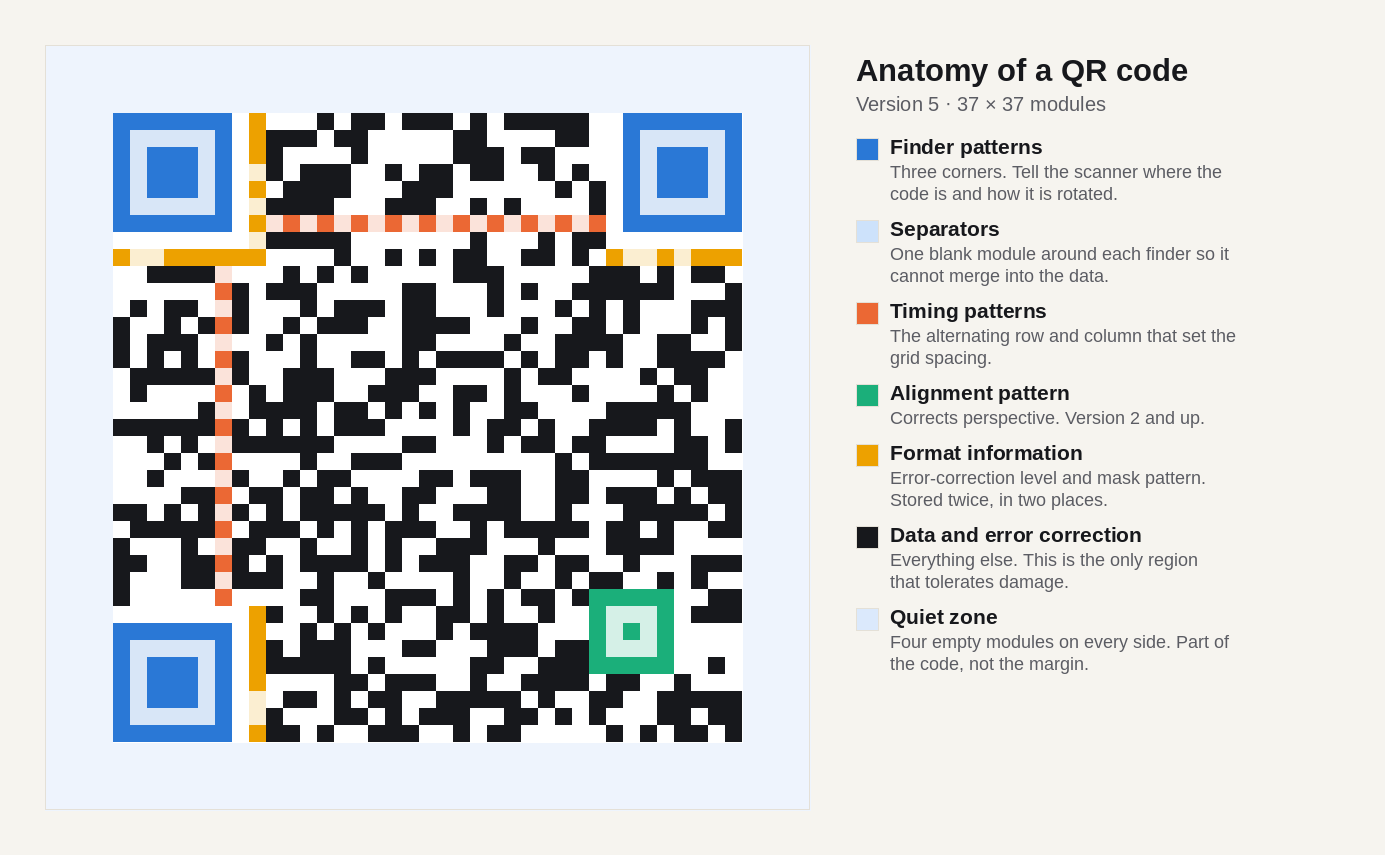 Labelled diagram of a QR code showing finder patterns, separators, timing patterns, alignment pattern, format information, data region and quiet zone